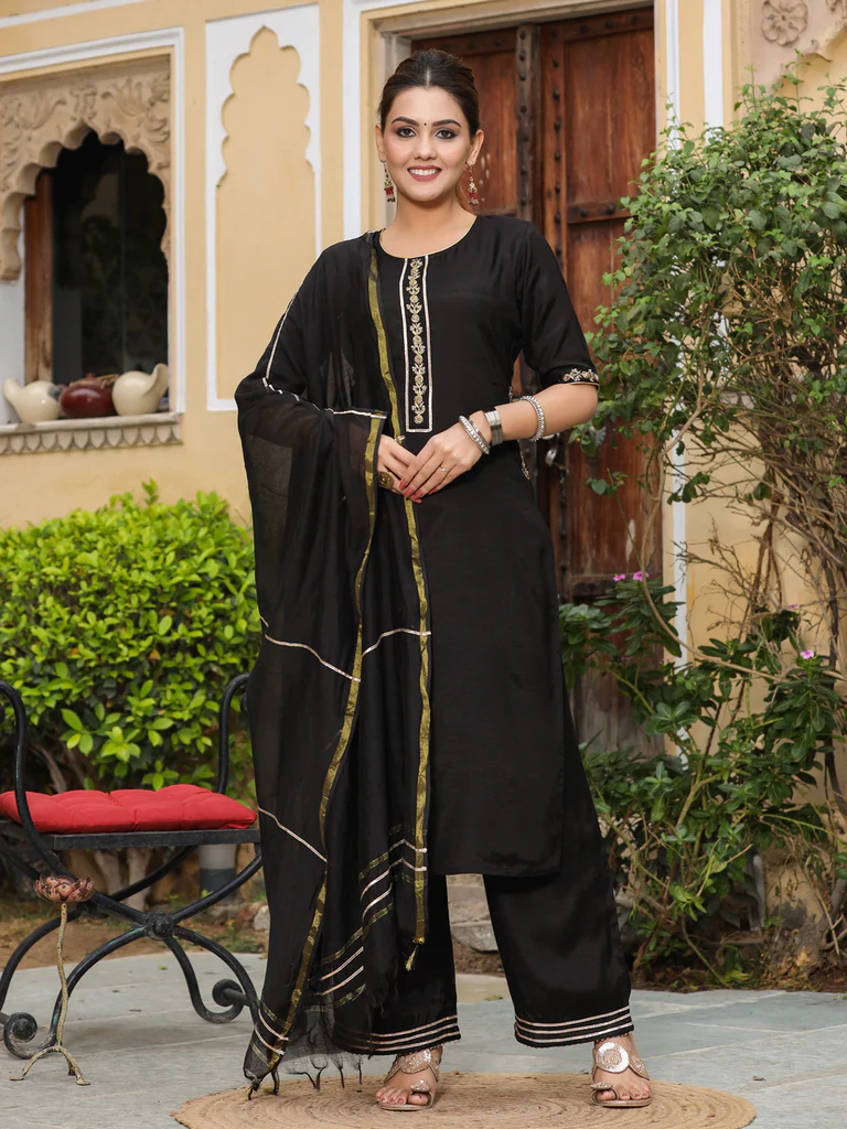 Black Silk Blend Palazzo Suit Set Chanderi Dupatta ZERESOUQ.COM
