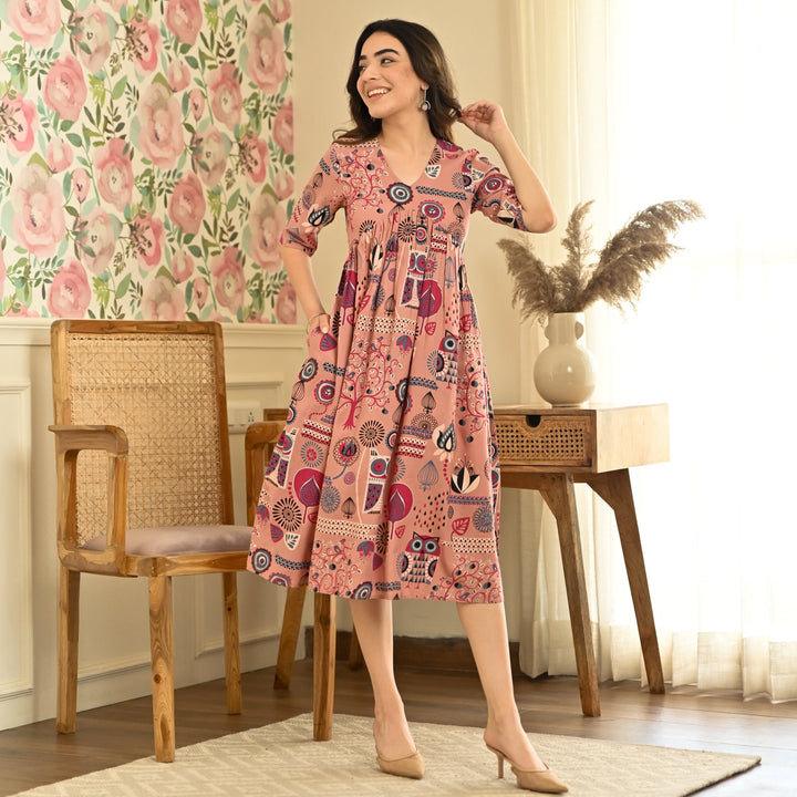 Dusty Pink Abstract Print Flared Dress