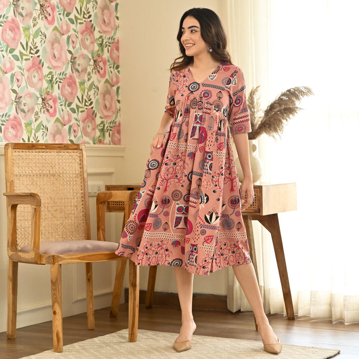 Dusty Pink Abstract Print Flared Dress
