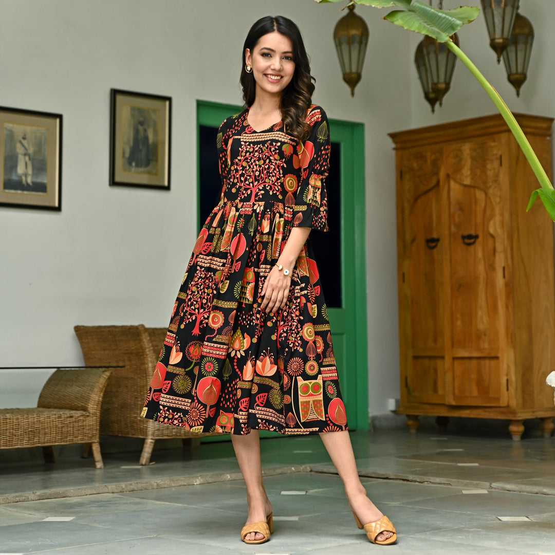 Black with Multicolor Abstract Print Flared Dress