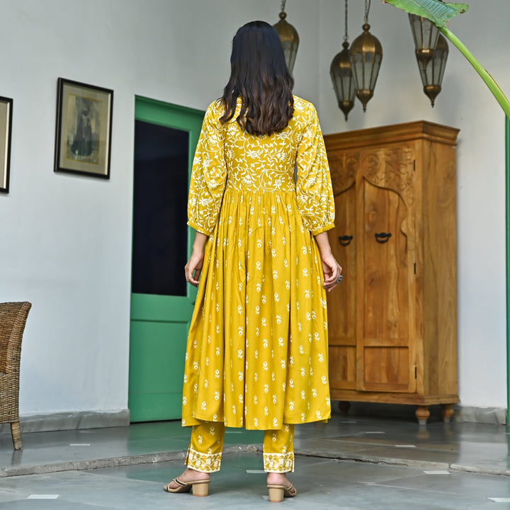 Mustard Floral Jaal V-Neck Kurta & Pant Set
