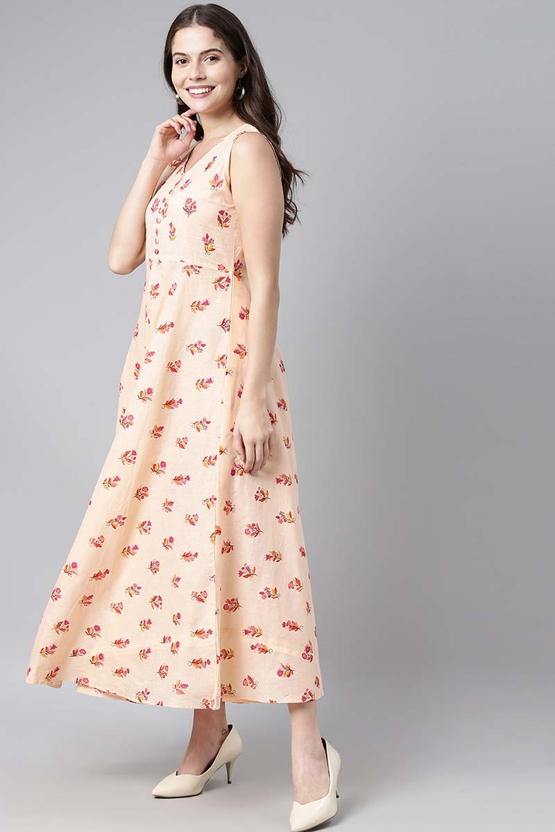 ZERESOUQ-Cream-Peach-Cotton-Floral-Printed-Sleeveless-Long-Dress