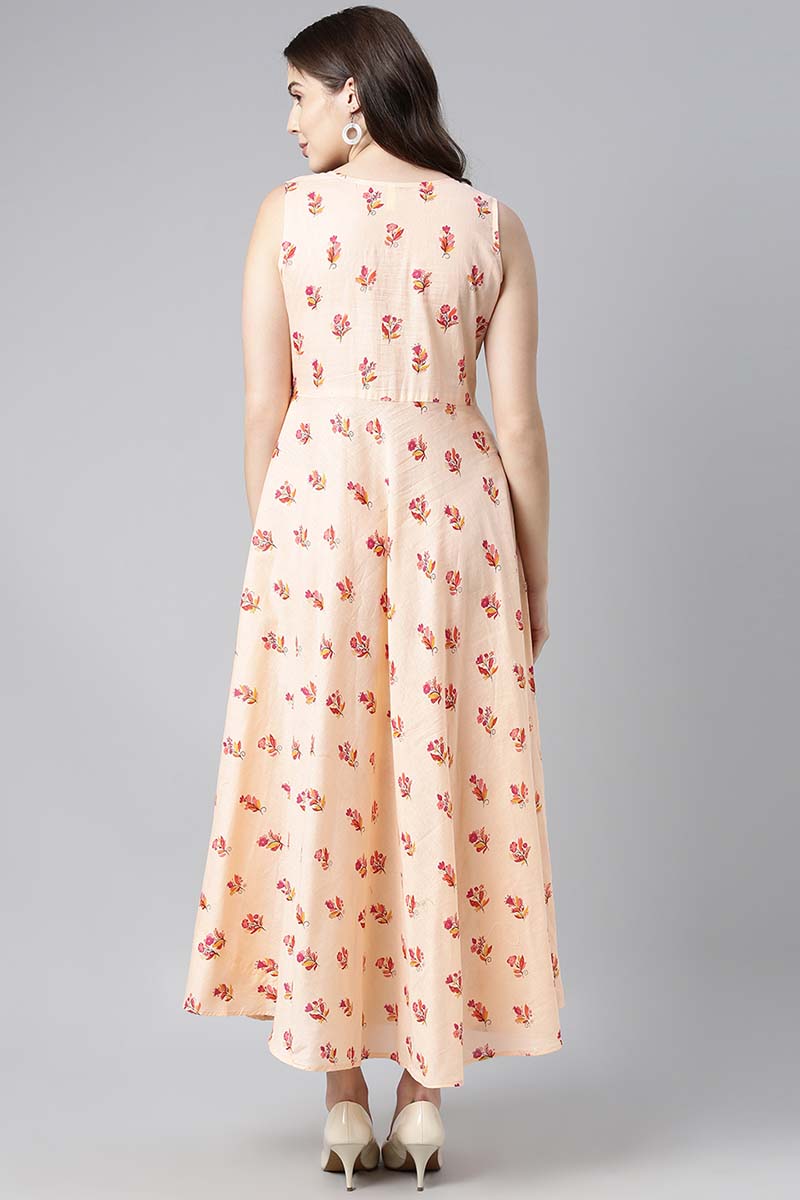 ZERESOUQ-Cream-Peach-Cotton-Floral-Printed-Sleeveless-Long-Dress