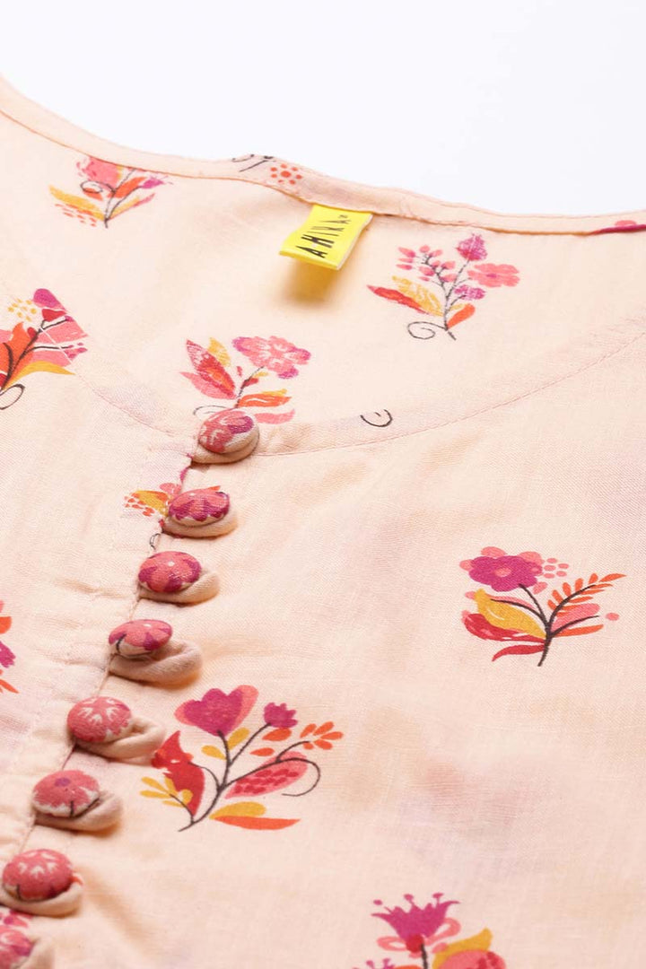 ZERESOUQ-Cream-Peach-Cotton-Floral-Printed-Sleeveless-Long-Dress