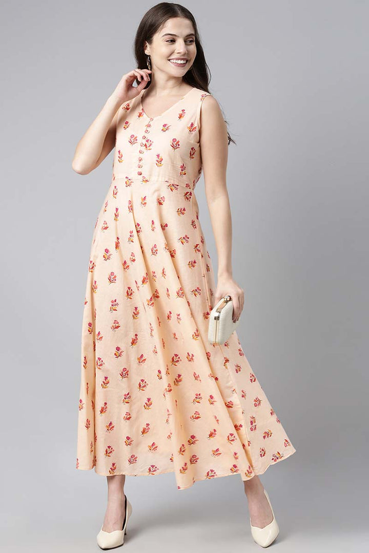 ZERESOUQ-Cream-Peach-Cotton-Floral-Printed-Sleeveless-Long-Dress