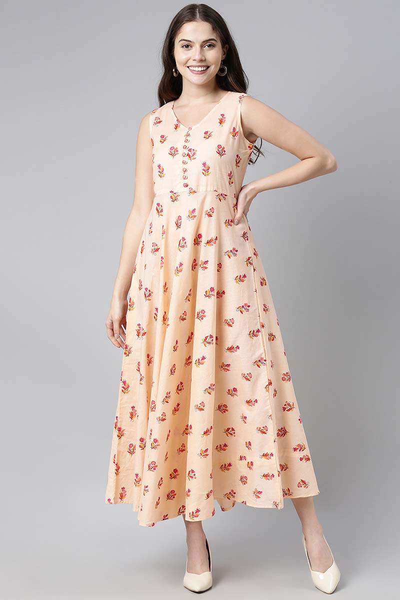 ZERESOUQ-Cream-Peach-Cotton-Floral-Printed-Sleeveless-Long-Dress
