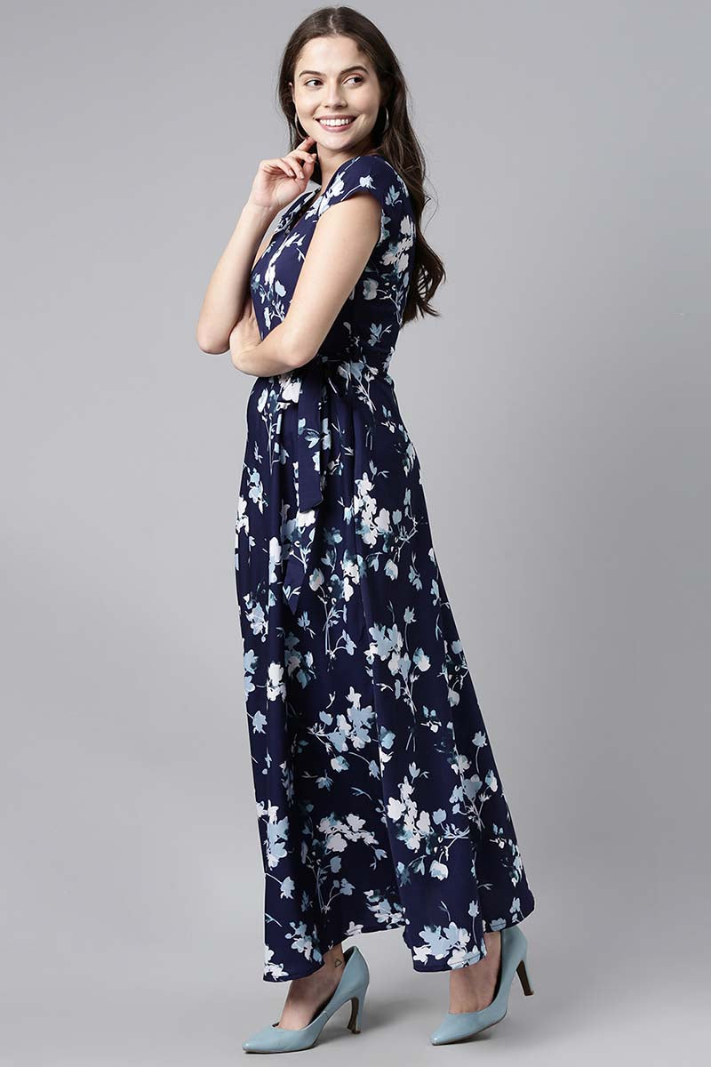 Navy Blue Georgette Floral Printed Maxi Dress