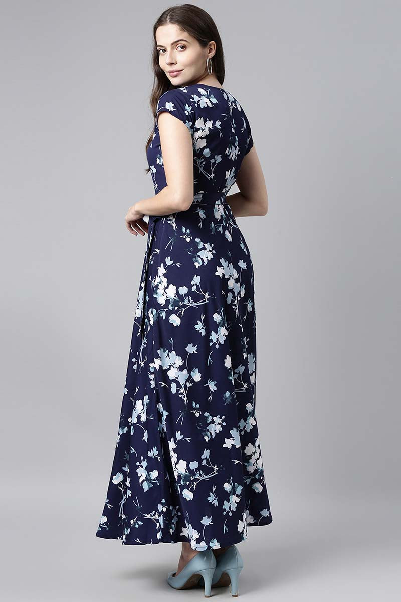 Navy Blue Georgette Floral Printed Maxi Dress