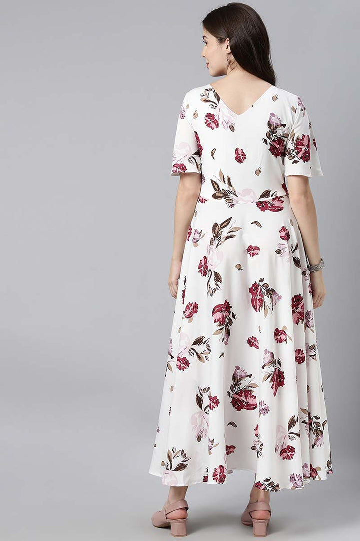 White Crepe Floral Printed Maxi Dress with Loose Sleeves