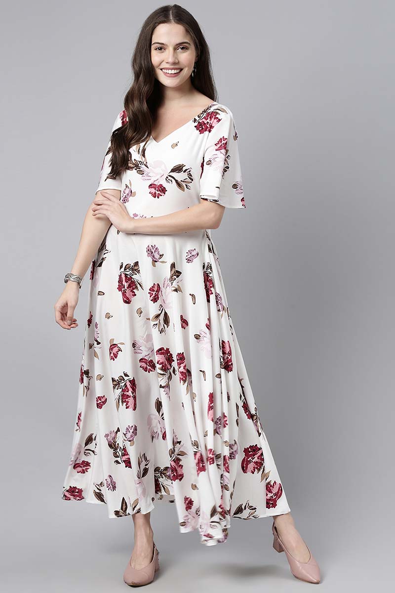 White Crepe Floral Printed Maxi Dress with Loose Sleeves