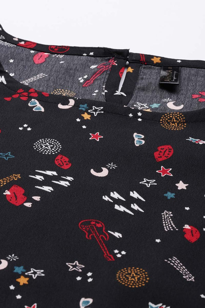 ZERESOUQ-Black-Crepe-Conversational-Printed-Crop-Top