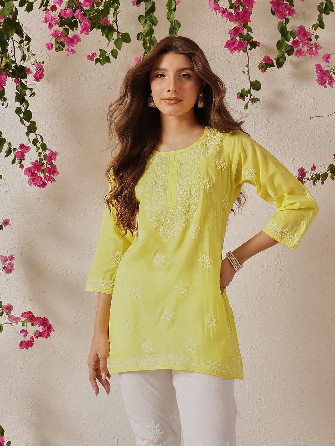 Yellow & White Floral Bale Booti Chikankari Tunic Top