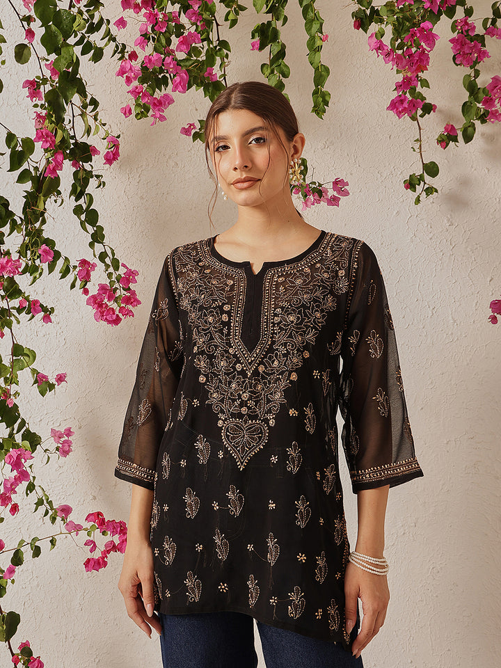 Black & Fawn Georgette Chikankari Tunic With Slip