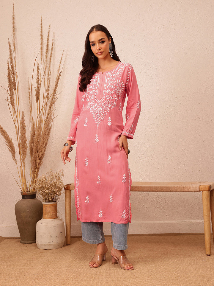 Peach & White Rayon Artisan Embroidered Chikankari Kurta