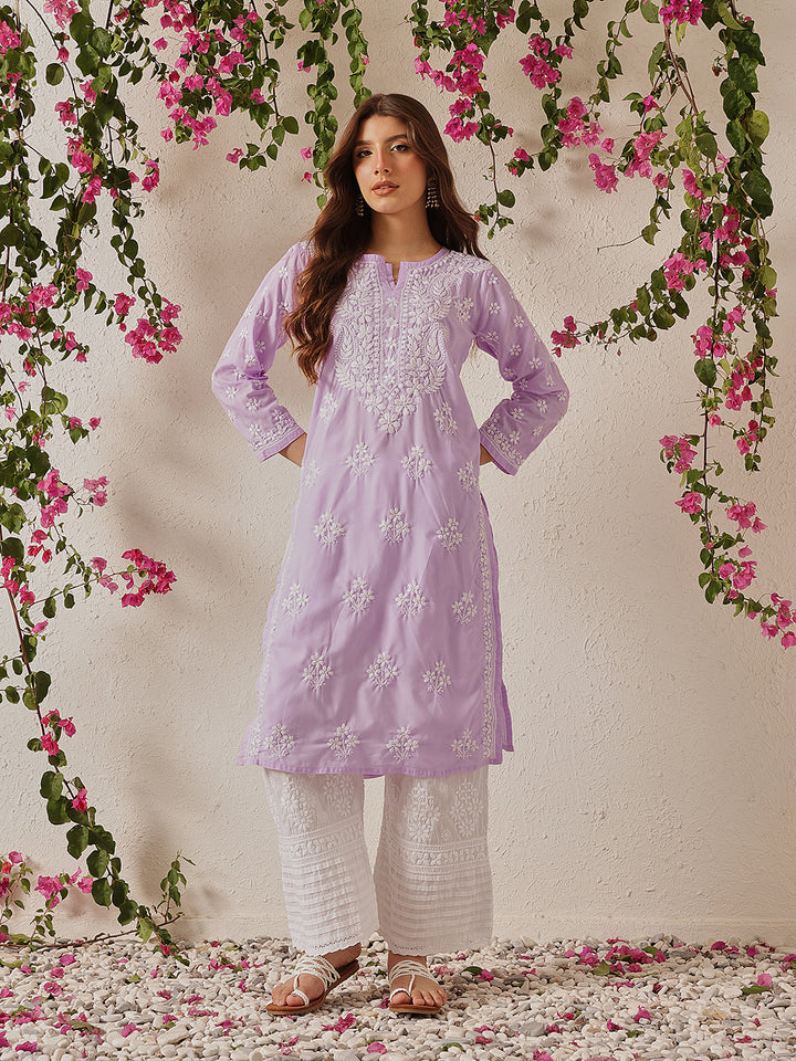 Lavender & White Cotton Floral Notch Neck Chikankari Kurta