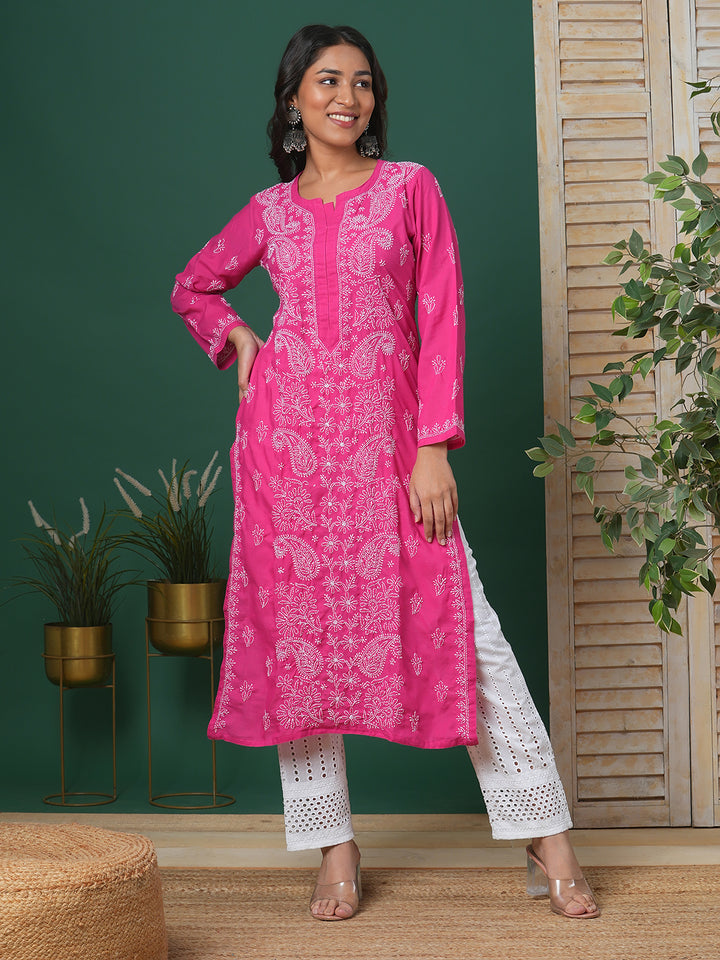 Hand Embroidered Lucknowi Chikankari Magenta &amp; White Cotton Kurta