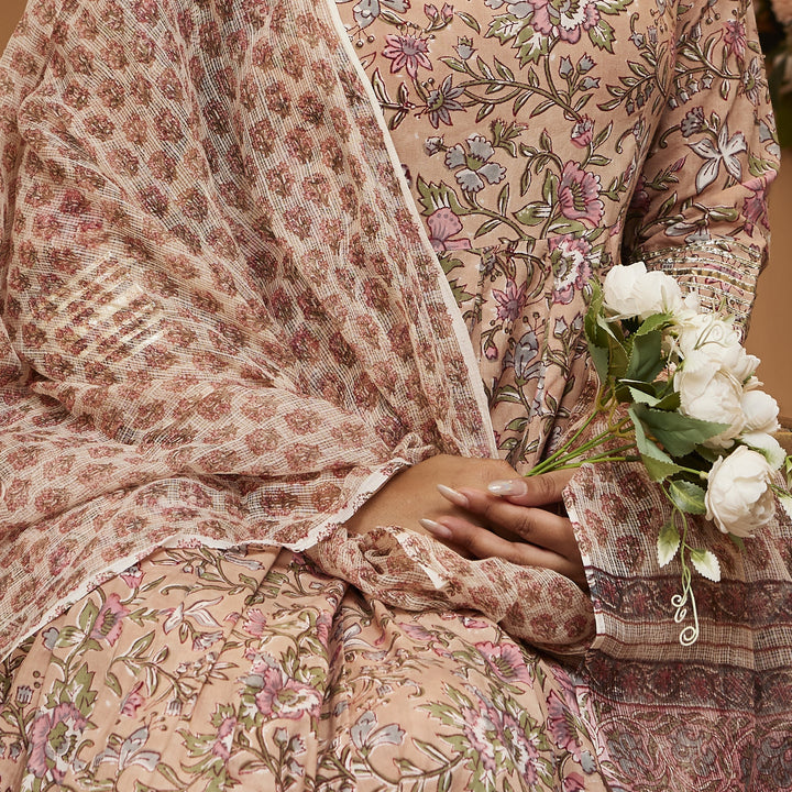 Beige-Cotton-Handblock-Floral-Printed-3-Piece-Anarkali-Set