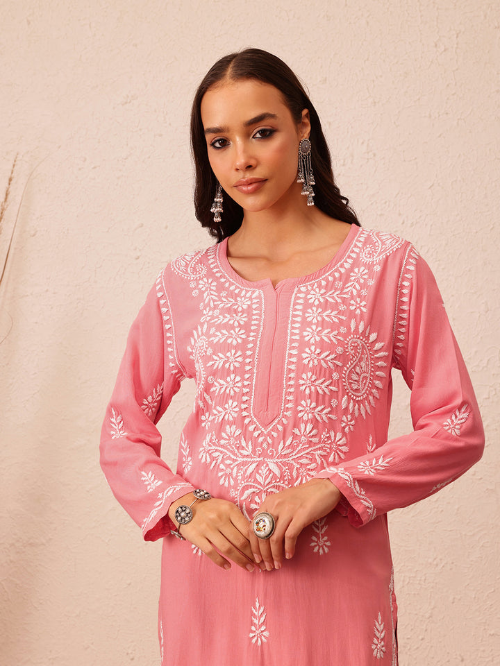 Peach & White Rayon Artisan Embroidered Chikankari Kurta