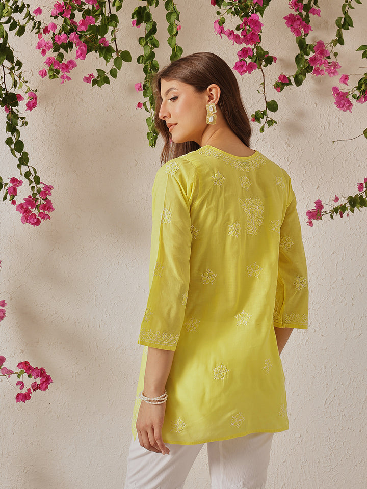 Yellow & White Floral Bale Booti Chikankari Tunic Top