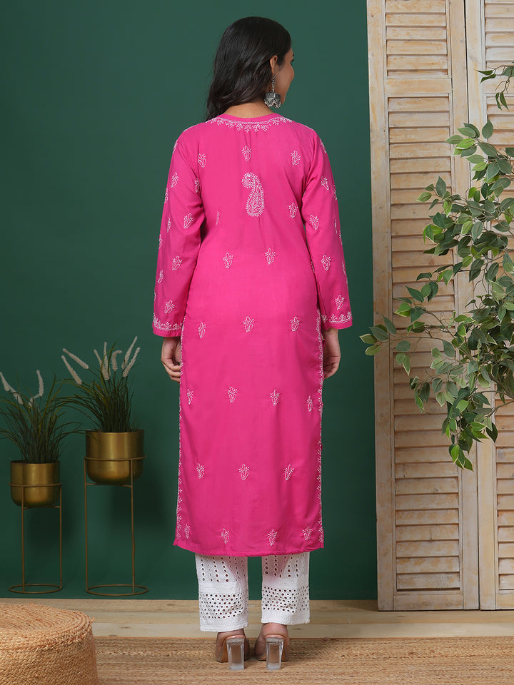 Hand Embroidered Lucknowi Chikankari Magenta &amp; White Cotton Kurta