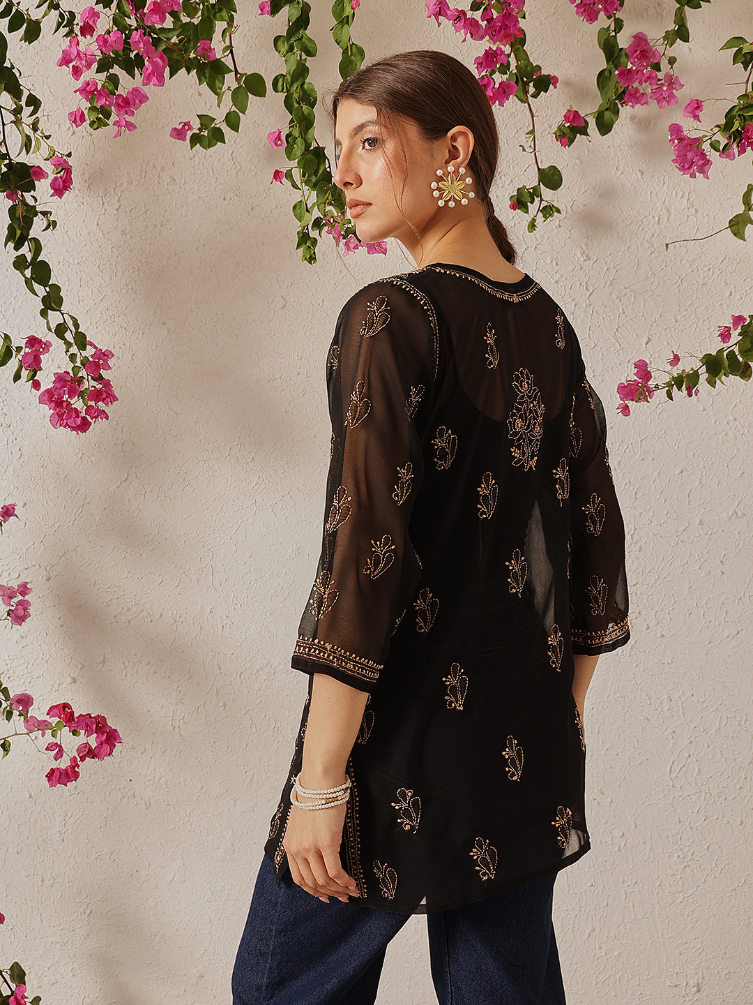 Black & Fawn Georgette Chikankari Tunic With Slip