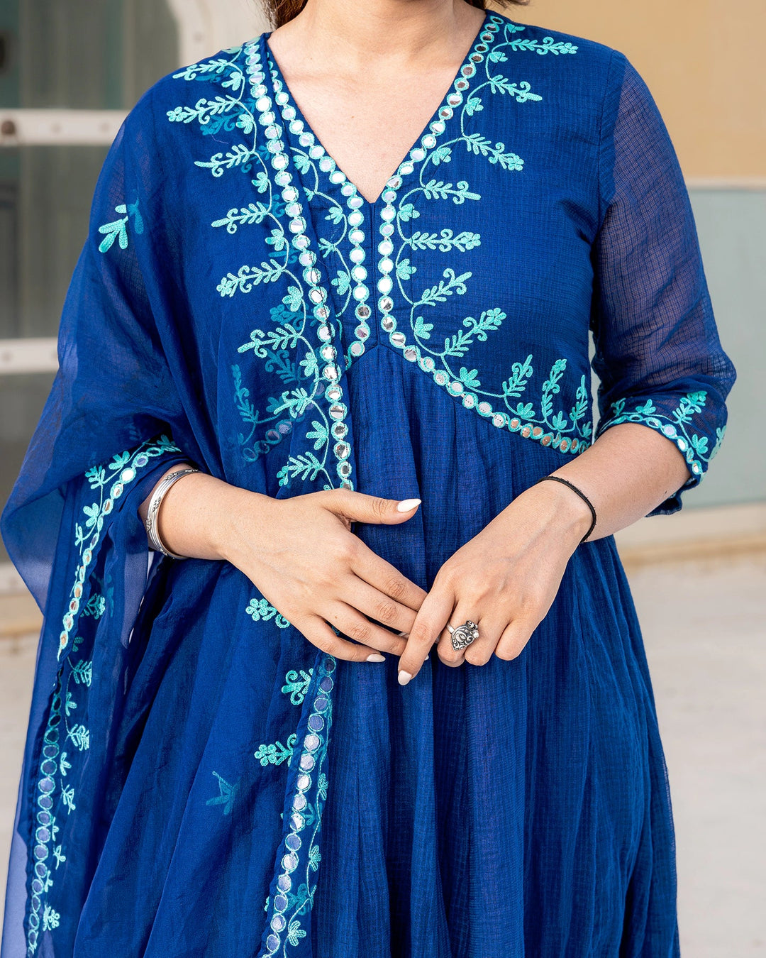 Indigo-Blue-Kota-Dori-Aari-Work-3-Piece-Kurta-Set