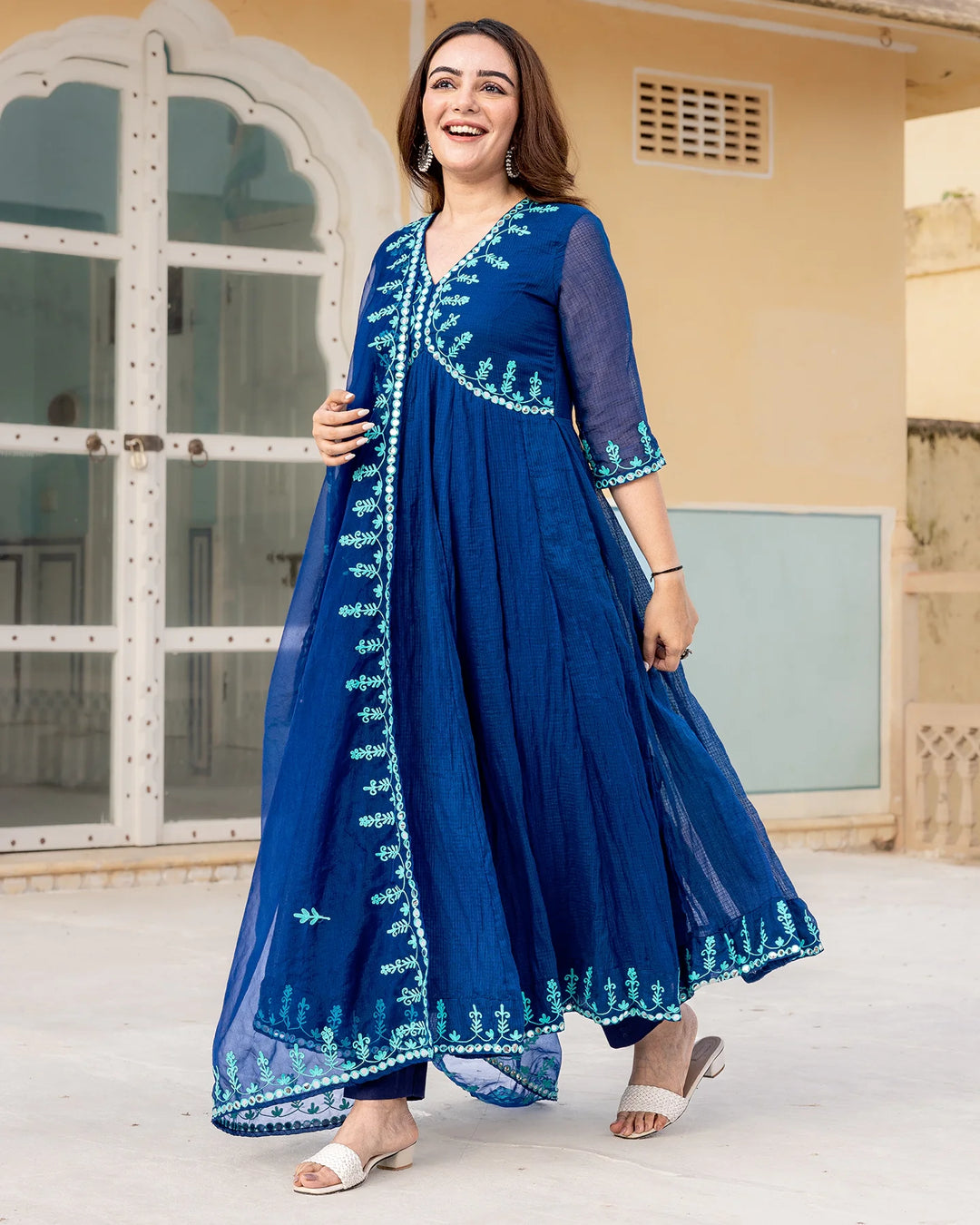 Indigo-Blue-Kota-Dori-Aari-Work-3-Piece-Kurta-Set
