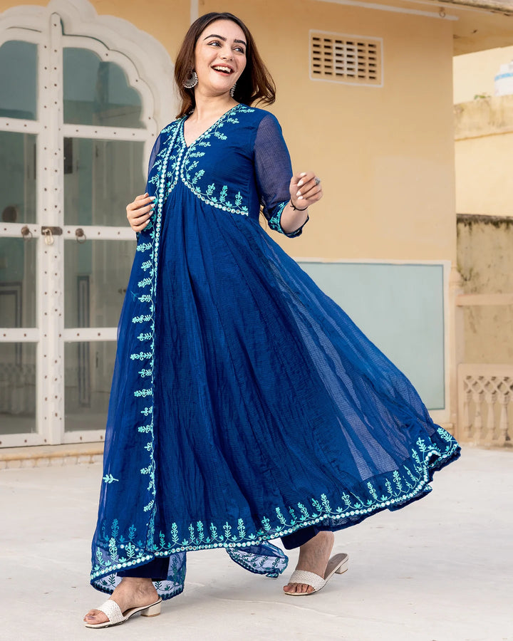 Indigo-Blue-Kota-Dori-Aari-Work-3-Piece-Kurta-Set