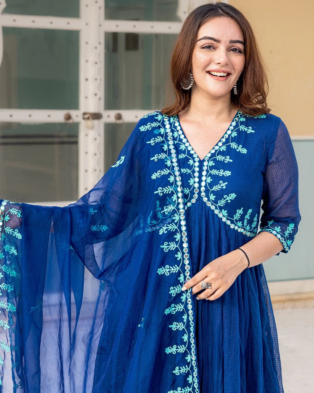 Indigo-Blue-Kota-Dori-Aari-Work-3-Piece-Kurta-Set