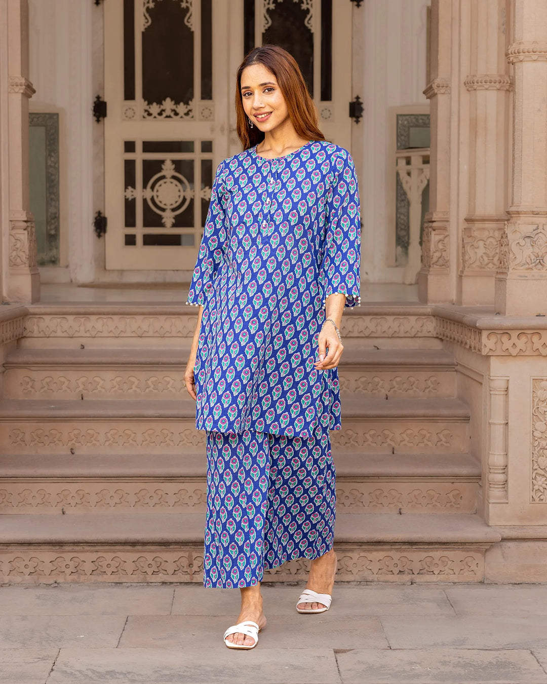 Blue-Cotton-Printed-Straight-2-Piece-Kurta-Set