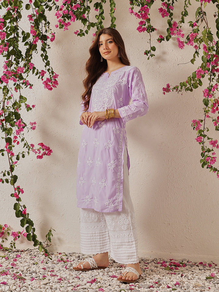 Lavender & White Cotton Floral Notch Neck Chikankari Kurta