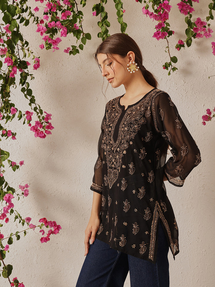 Black & Fawn Georgette Chikankari Tunic With Slip