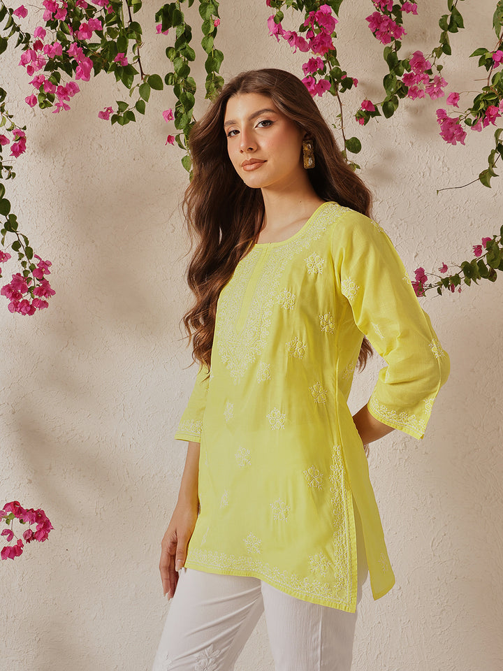 Yellow & White Floral Bale Booti Chikankari Tunic Top