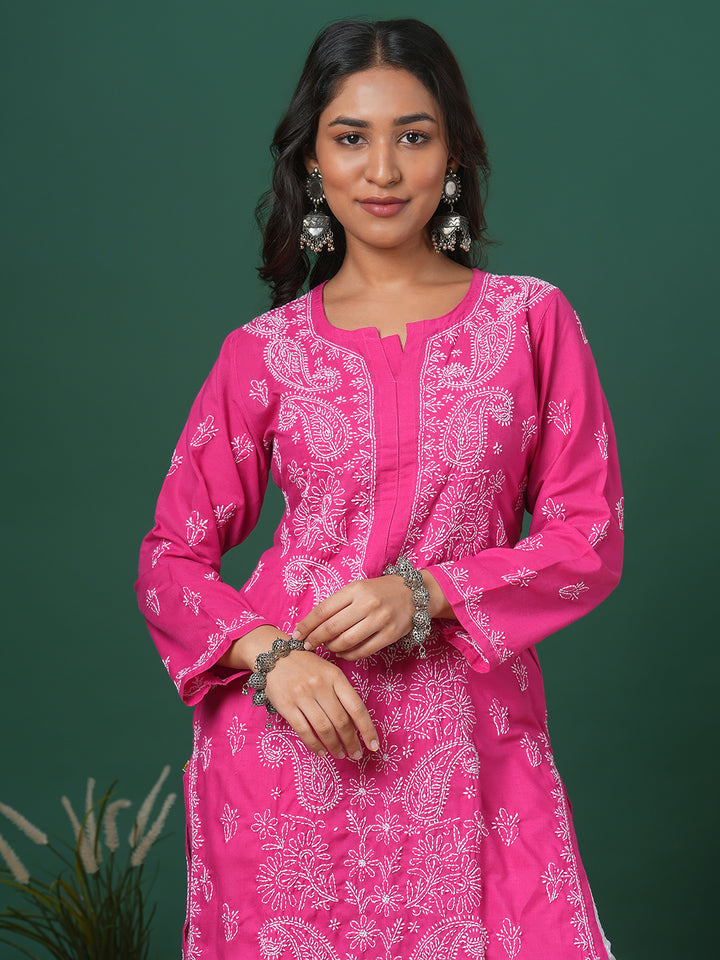 Hand Embroidered Lucknowi Chikankari Magenta &amp; White Cotton Kurta