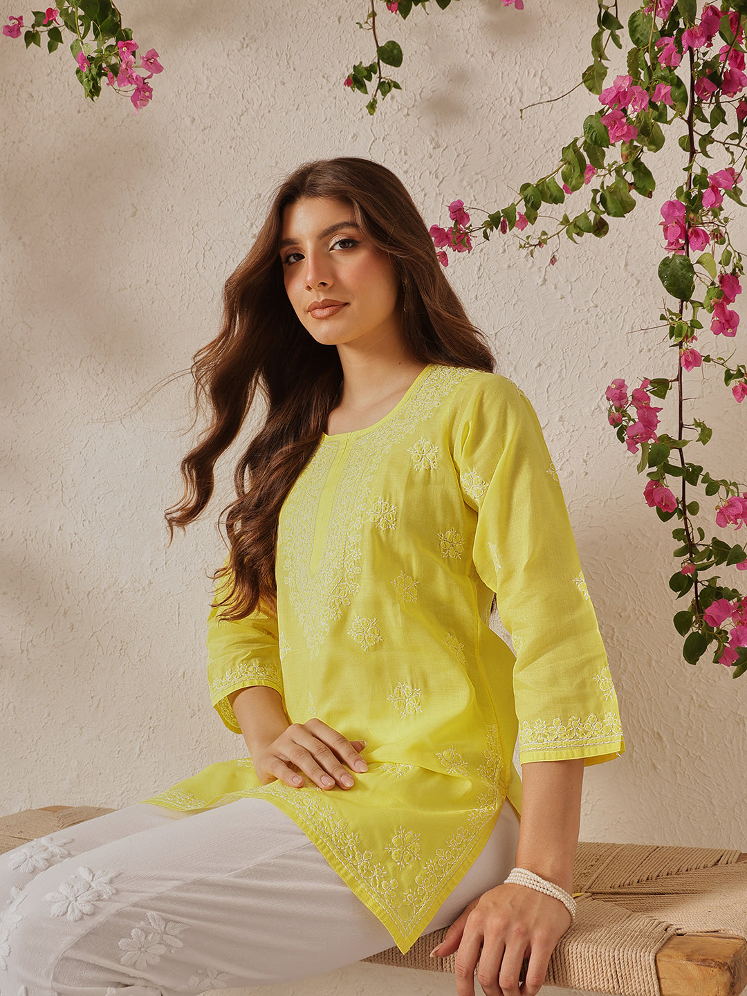 Yellow & White Floral Bale Booti Chikankari Tunic Top