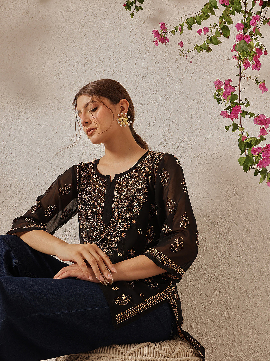 Black & Fawn Georgette Chikankari Tunic With Slip