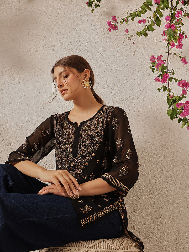 Black & Fawn Georgette Chikankari Tunic With Slip