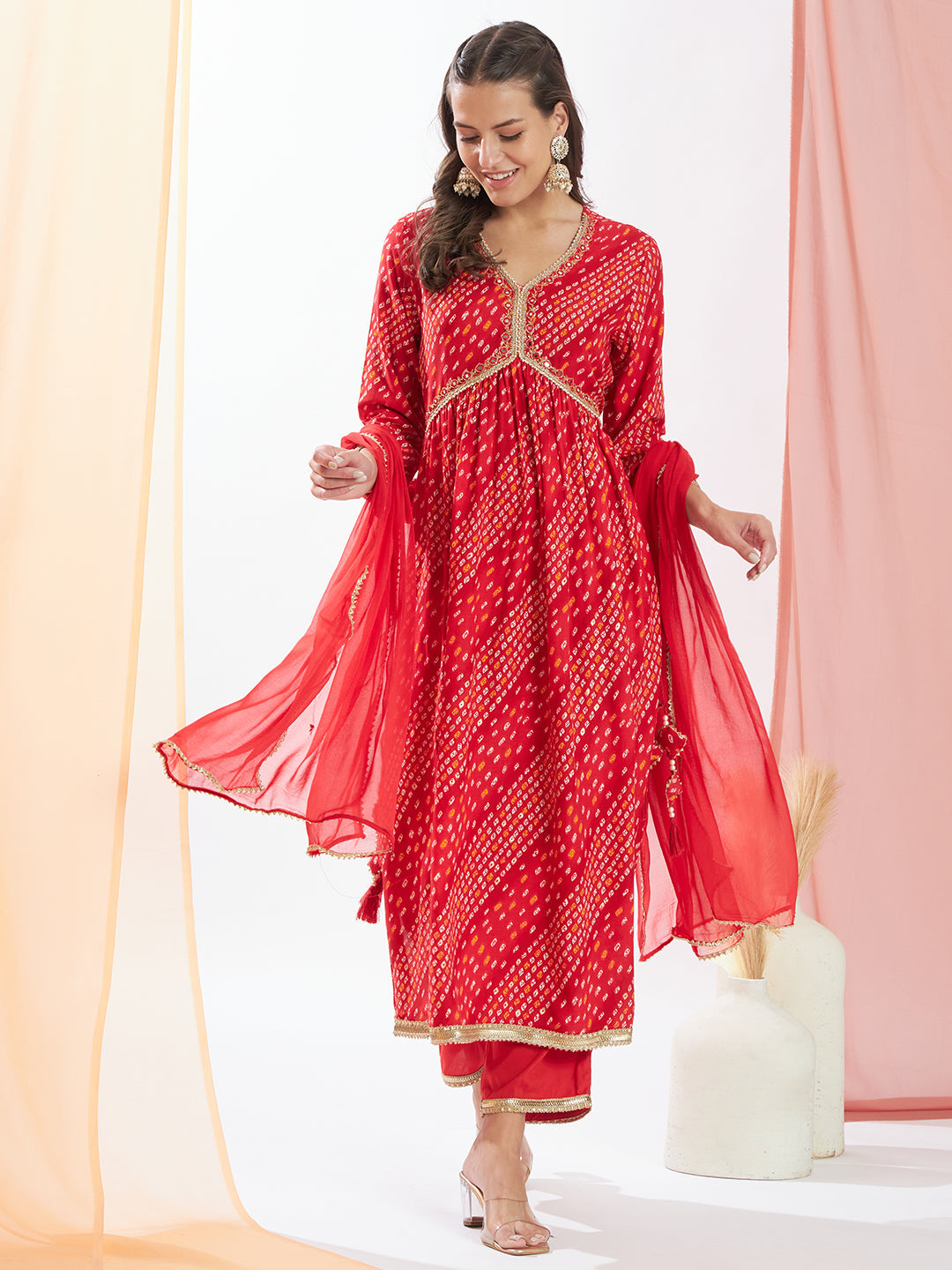 Red-Cotton-Blend-Bandhani-Printed-3-Piece-Kurta-Set