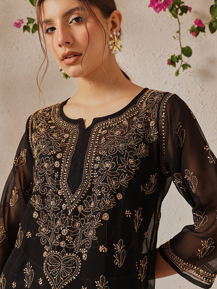 Black & Fawn Georgette Chikankari Tunic With Slip