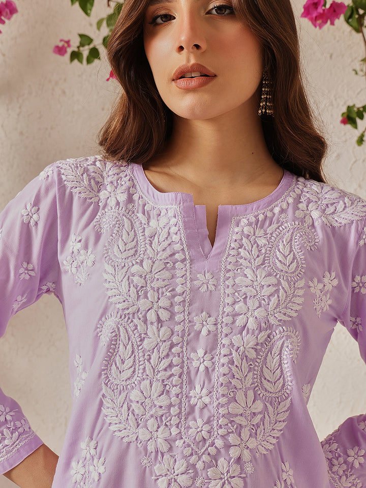 Lavender & White Cotton Floral Notch Neck Chikankari Kurta