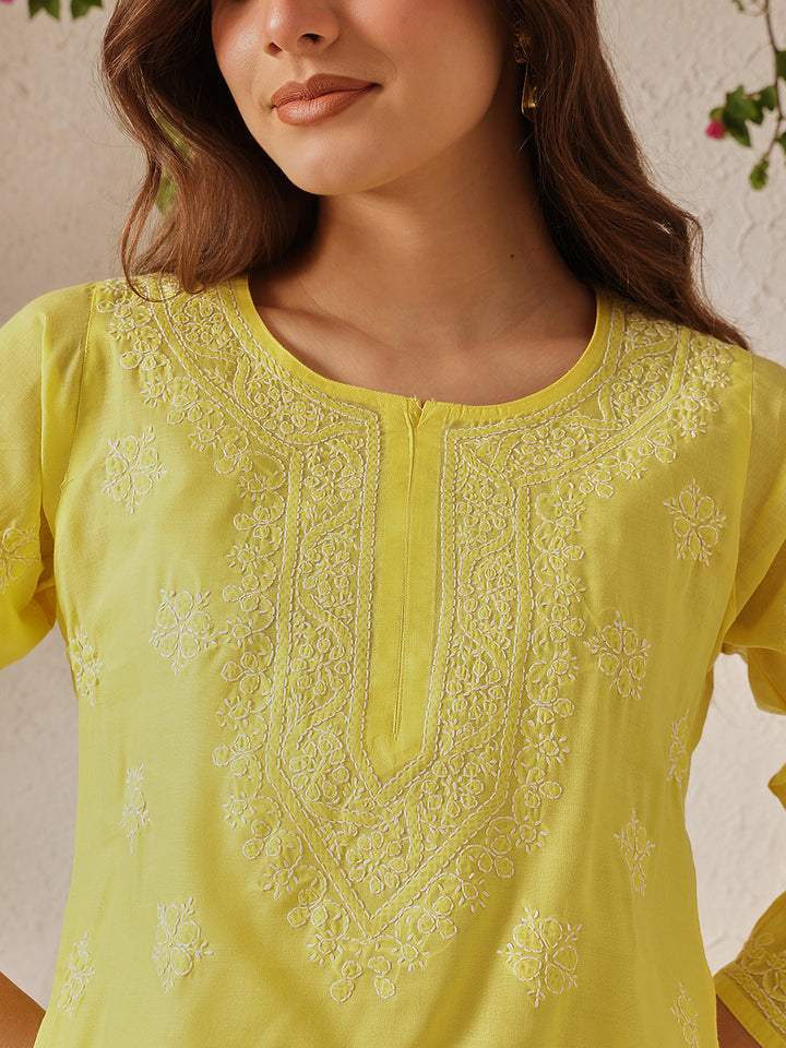 Yellow & White Floral Bale Booti Chikankari Tunic Top