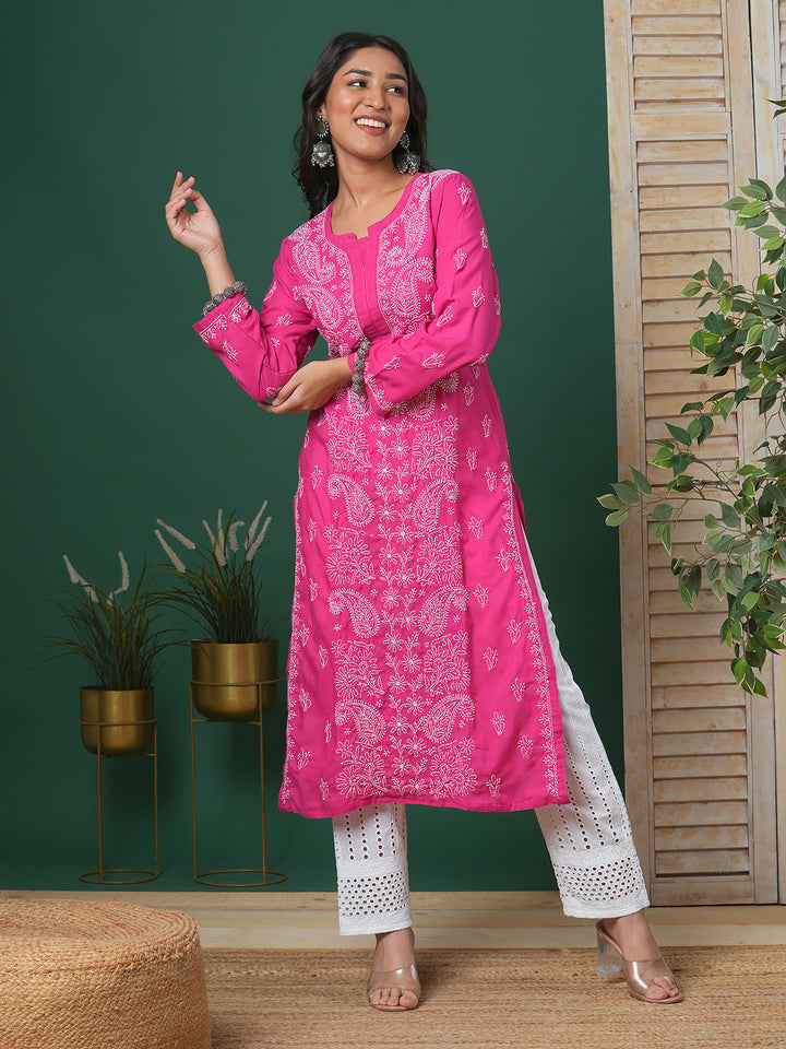 Hand Embroidered Lucknowi Chikankari Magenta &amp; White Cotton Kurta