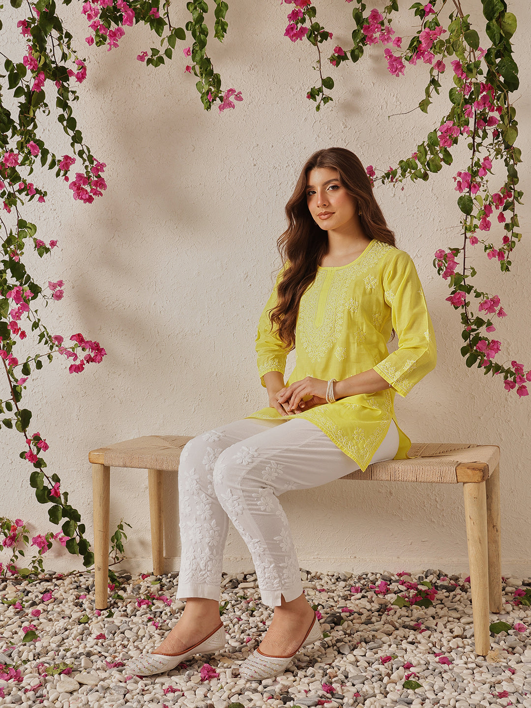 Yellow & White Floral Bale Booti Chikankari Tunic Top