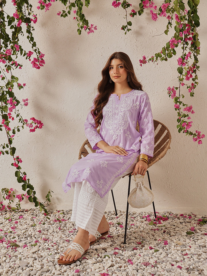 Lavender & White Cotton Floral Notch Neck Chikankari Kurta