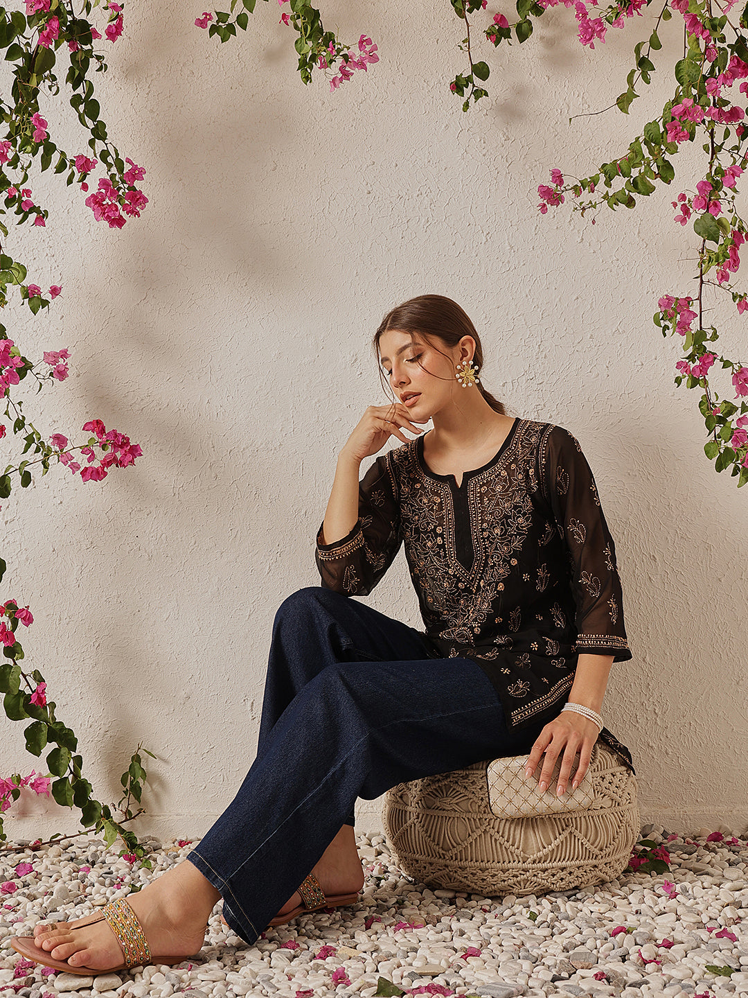 Black & Fawn Georgette Chikankari Tunic With Slip