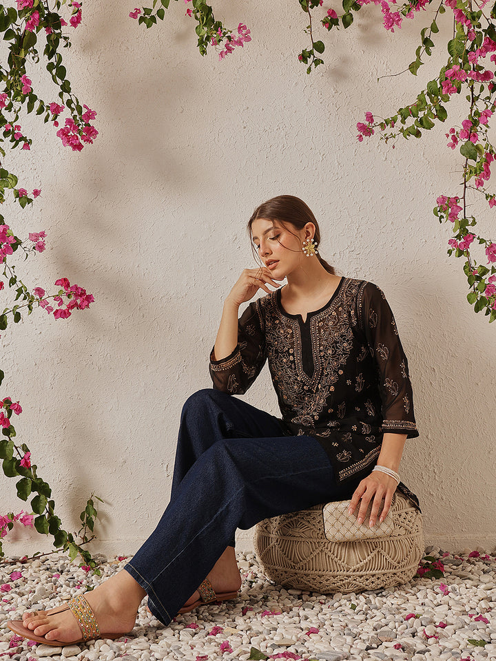 Black & Fawn Georgette Chikankari Tunic With Slip
