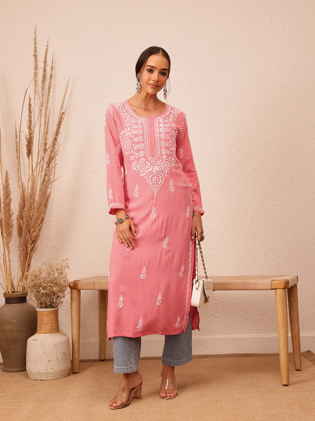 Peach & White Rayon Artisan Embroidered Chikankari Kurta