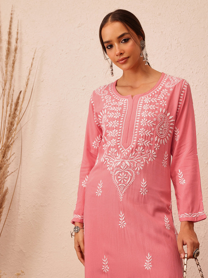 Peach & White Rayon Artisan Embroidered Chikankari Kurta