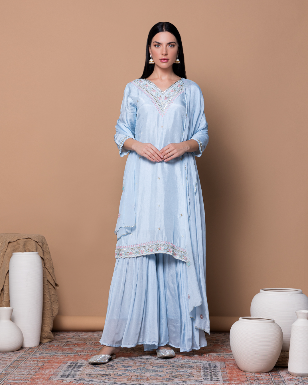 Blue Dola & Chiffon Silk Ishika Kurta Set 