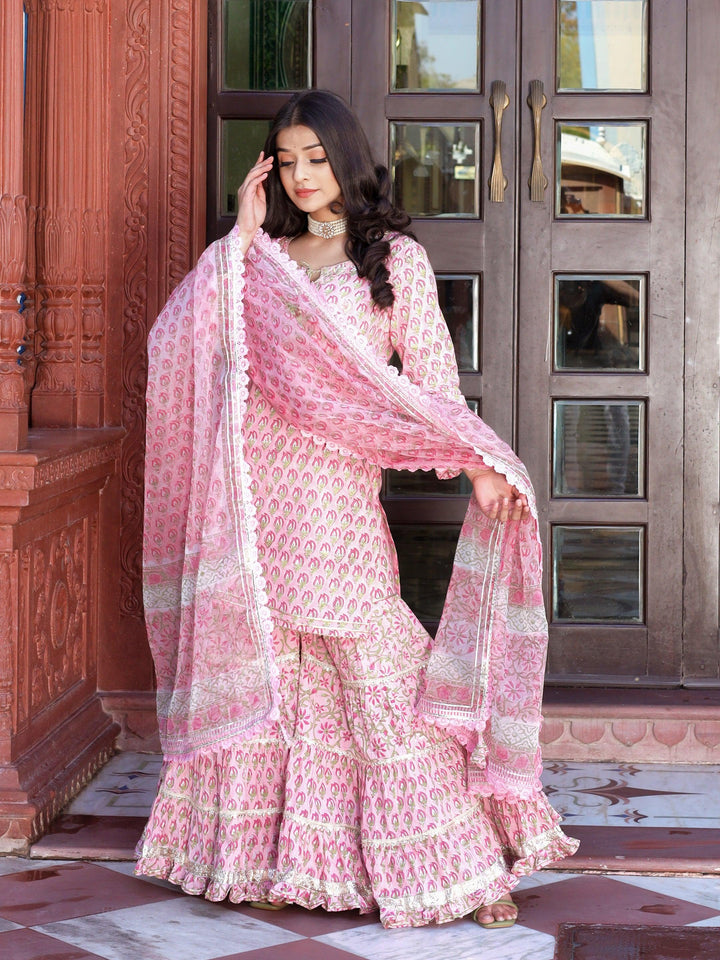 Pink-Floral-Hand-Block-Printed-3-Piece-Sharara-Set